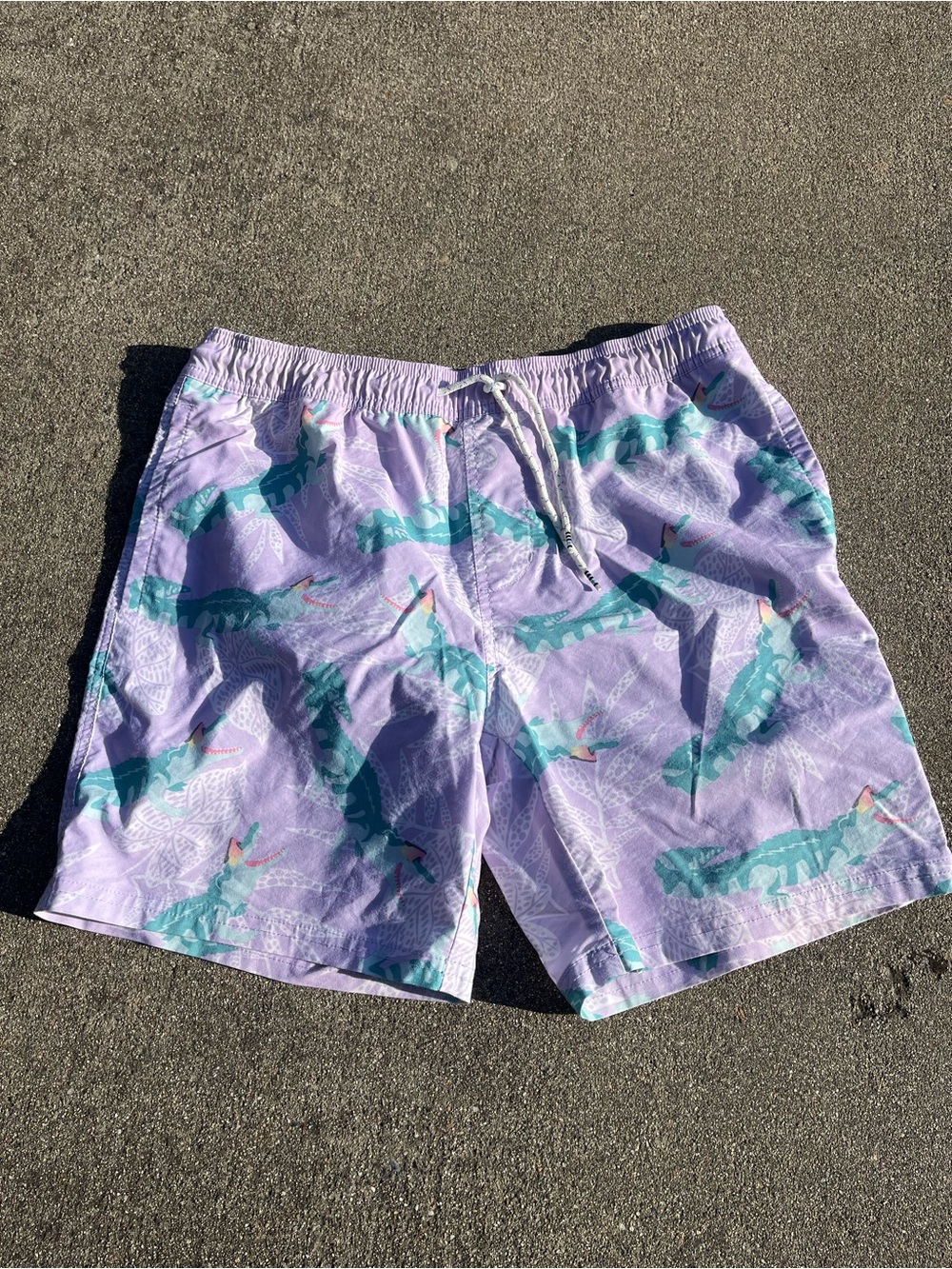 Original Use Lilac Swim Trunks with Teal Alligator Print